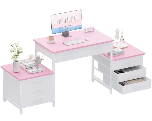 Pamray 63 Inch Office Desk with 8 Drawers and Printer Shelves for Computer | Space-saving, Ample Storage, Large Workspace, Easy Assembly, Sturdy, Suitable for Home Office Study Gaming, Bedroom and Dorms - color: Pink