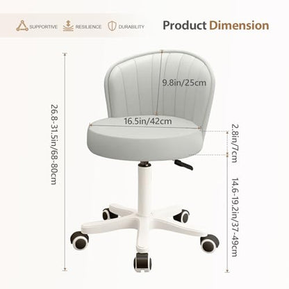 Small Round Rolling Desk Chair Armless Comfy Vanity Computer Chair Height Adjustable Swivel Work Spa Chair - color: White, style: Set of 1 with backrest