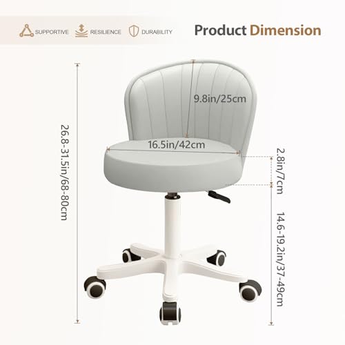 Small Round Rolling Desk Chair Armless Comfy Vanity Computer Chair with Low Backrest PU Leather Height Adjustable Swivel Work Spa Chair - color: White, style: Set of 4 with backrest