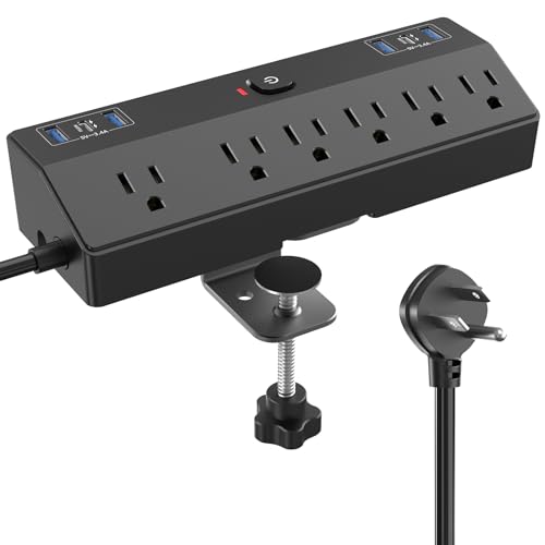 Desk Clamp Power Strip 10FT, 40W Total Fast Charging Station, Black | 6 AC Outlets 6 USB Ports, 2 PD20W USB C Ports, Desk Organizer Gaming Accessories Office Essentials, Fits 1.8" Tabletop Edge - color: Black 1.8", size: 10FT