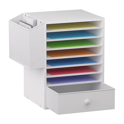 Unionly 12x12 Scrapbook Paper Organizer with drawer for Office,Classroom | 7 Tier Adjustable cardstock storage,Wooden mail sorter with name slot,paper storage organizer for school,classroom,office - color: White, size: Standard 7 Slots