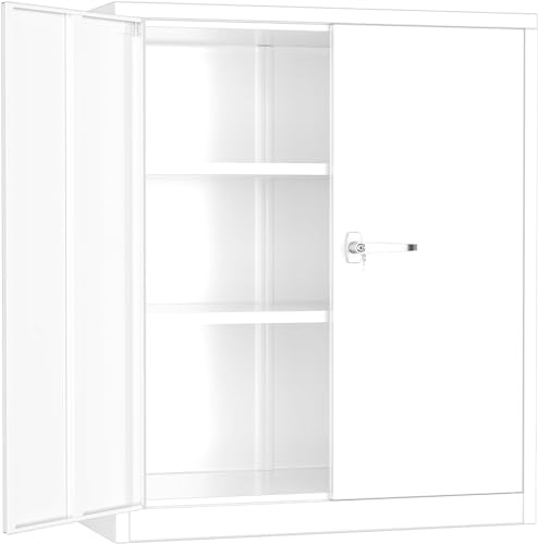 Metal Garage Storage Cabinet, 36" Locking Counter Cabinet with 2 Locking Doors and 2 Adjustable Shelves, Small Steel Cabinet for for Home Office, Gym, School(White) - color: White, size: 36" High