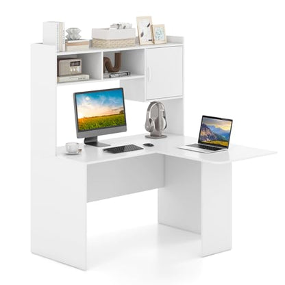 Tangkula L-Shaped Desk with Storage Hutch, Corner Computer Desk with Shelves & Cabinet, Modern Writing Study Table for Home Office, Laptop PC Workstation, White