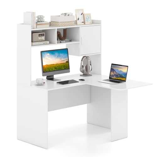 Tangkula L-Shaped Desk with Storage Hutch, Corner Computer Desk with Shelves & Cabinet, Modern Writing Study Table for Home Office, Laptop PC Workstation, White
