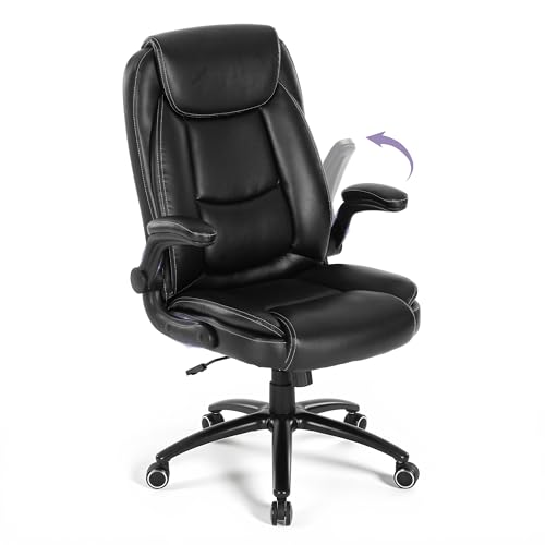 MALOL 300lbs Office Chair with Flip-Up Armrests & Reclining Backrest, Ergonomic PU Leather Executive Desk Chair-Adjustable Height & Tilt Tension, Black - color: Black-new