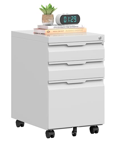 3 Drawer Mobile File Cabinet with Lock, Rolling File Cabinet with Wheels - color: White, size: 3 Drawer