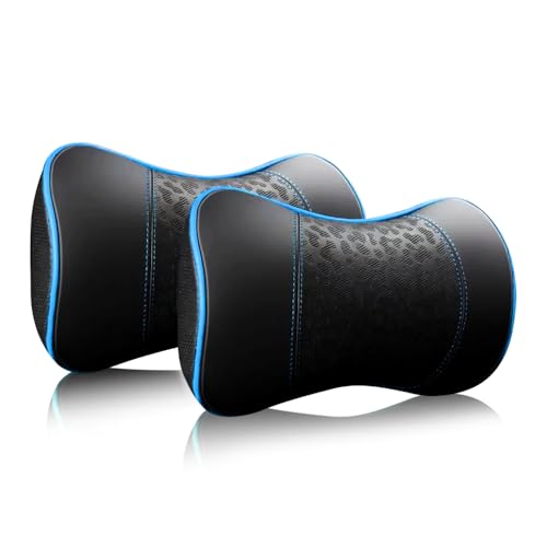 HAOTULE Car Leather Neck Pillows, Neck Rest Cushions,100% Memory Foam Cervical Support, Comfortable Travel car Seats and Home Office Soft Pillows, Blue a Set (2 pcs - color: Black-blue
