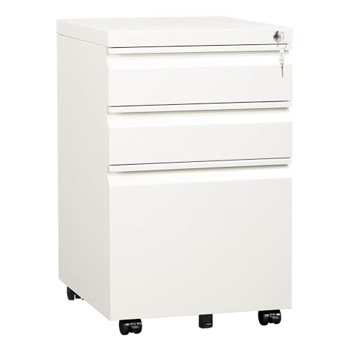 DEVAISE 3 Drawer Mobile File Cabinet, Fully Assembled Except Casters | Under Desk Metal Filing Cabinet with Lock for Home Office, Fits Letter/Legal/A4 Sizes, White - color: White, size: 17"D x 15"W x 24"H