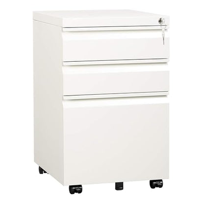 DEVAISE 3 Drawer Mobile File Cabinet, Fully Assembled Except Casters | Under Desk Metal Filing Cabinet with Lock for Home Office, Fits Letter/Legal/A4 Sizes, White - color: White, size: 17"D x 15"W x 24"H