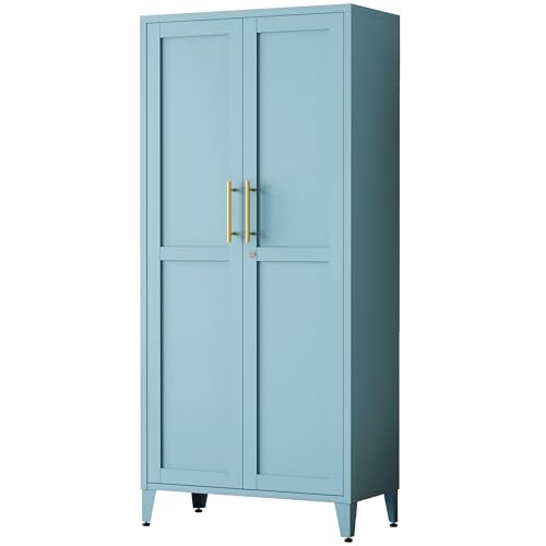 Lockable 61 Inch Tall Metal Storage Cabinet,2-Door Metal Pantry Cabinet with Adjustable Shelves, 4-Tier Steel Storage Locker for Bedroom Kitchen, Home Blue 61" H X 27.6" W X 13.8" D - color: Blue, style: 61"H-Cabinets-GY