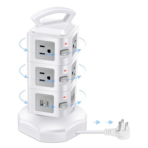 10-Outlet Power Strip USB C 20W Surge Protector | Retractable Extension Cord with 4 USB Ports | Desk Organizer Plug Outlet Extender | Charging Tower for Cell Phone, Computer, Electronic, Home, Office