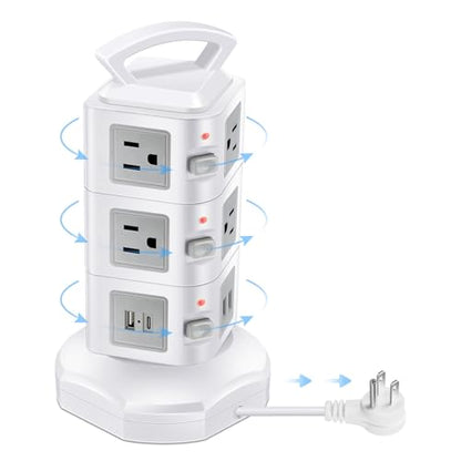 10-Outlet Power Strip USB C 20W Surge Protector | Retractable Extension Cord with 4 USB Ports | Desk Organizer Plug Outlet Extender | Charging Tower for Cell Phone, Computer, Electronic, Home, Office