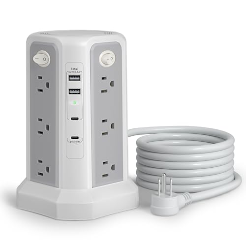 Surge Protector Power Strip Tower (13A 1625W) 10FT with PD20W USB C Port | Extension Cord with 12 AC Mutiple Outlets, Power Tower Overload Protection for Home Office Dorm Room, Grey White - style: White Gray-13A-2A2C