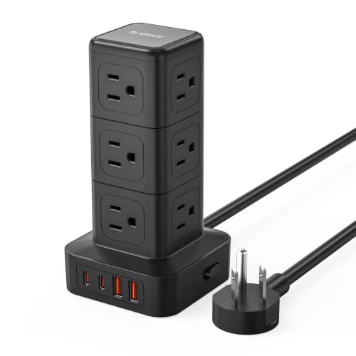 ORICO Tower Power Strip with Surge Protection, Charging Station Tower | with 12 AC Outlets 4 USB Ports (2 USB C), Space Saving Design, 5FT Tower Extension Cord for Home, Office, Dorm - TPP20 - color: Black, size: 5FT