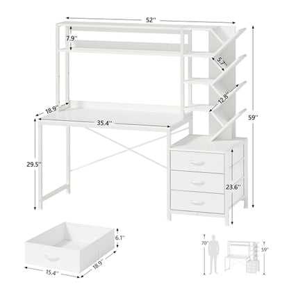 YOMILUVE 52" Computer Desk with Bookshelf, 3 Drawers ＆ Hutch for Bedroom | White Office Desk with Printer Shelf, Study Writing Desk with Storage Shelves - color: White