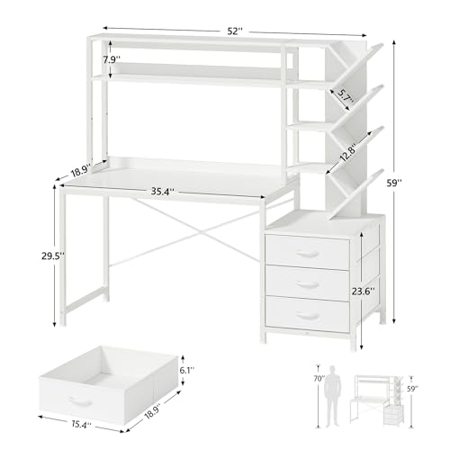 YOMILUVE 52" Computer Desk with Bookshelf, 3 Drawers ＆ Hutch for Bedroom | White Office Desk with Printer Shelf, Study Writing Desk with Storage Shelves - color: White