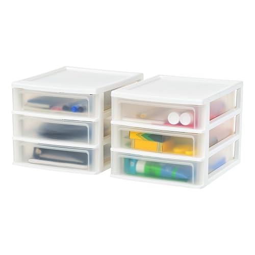 IRIS USA 2-Pack, 3-Drawer Medium Plastic Stacking Desktop Organizer, White | Organize office supplies, stationery, makeup, craft materials and everyday essentials for neat desktop storage - color: White, style: Medium - 2 Pack