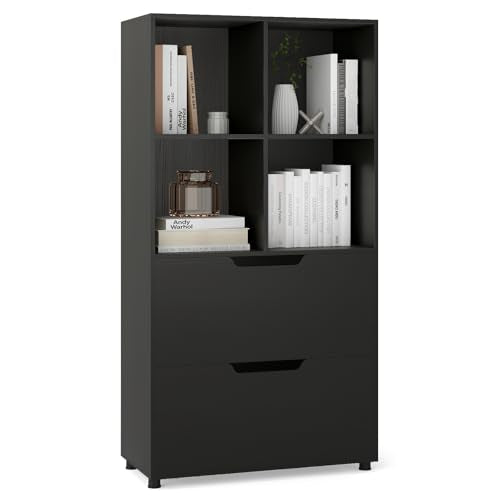 GIANTEX Bookcase with 2 Drawers, 51” Tall Floor Bookshelf w/4 Cubes, Anti-tip Kits, Freestanding Display Rack, Cubby Storage Organizer for Study, Living Room, Home Office, Black - color: Black
