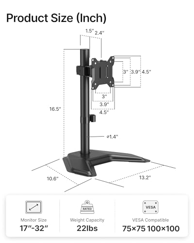 monTEK Freestanding Single Monitor Stand for 17-32" Screens, 22 lbs | Solid V-shaped base, single-screen full-motion arms, height adjustment, tilt, swivel, rotation and VESA 75/100 - size: Single Monitor