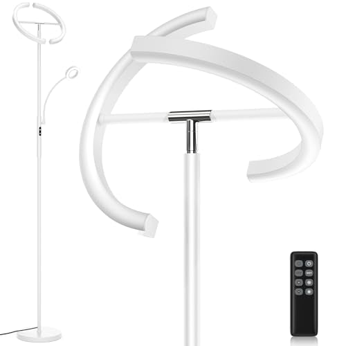 SIBRILLE White LED Floor Lamp - Dimmable 2 Lights Standing Lamp with Remote&Touch Control, 4 Color& 10 Brighness Adjustable Floor Reading Light, Modern Tall Lamp for Living Room Bedroom Office Corner - color: White