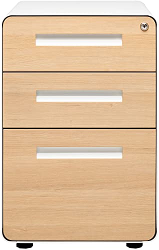 Laura Davidson Furniture Stockpile 3 Drawer File Cabinet with Lock - Under Office Desk Metal Filing Cabinet, Legal/Letter File Folders, Wheels and Stationary Feet, Pre-Assembled, White/Wood - color: White/Wood