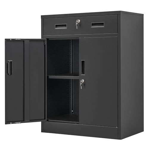 Wanfu Metal Storage Cabinet, 36" H x 28" W x 16" D Locking Cabinet with 1 Drawer and Adjustable Shelf, Metal Cabinets for Office, Garage, Home-Black - color: Black, size: 36" H x 28" W x 16" D