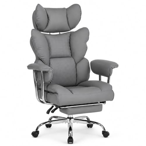 Big and Tall Office Chair, Ergonomic Executive Desk Chair with Footrest and Lumbar Support, Heavy Duty PU Leather Reclining Computer Chair with Extra Wide Seat for Home Office, Grey - color: Grey