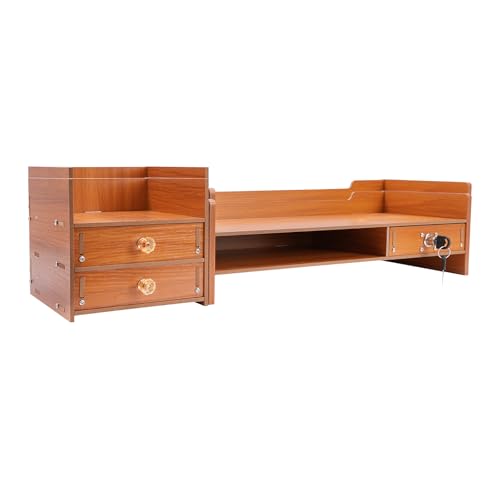 Wood Computer Monitor Stand, Computer Rack with Adjustable Desktop Storage Organizer and Drawer, Tabletop Monitor Stand for Computer Printer Cellphone