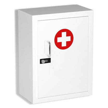 Locking Medicine Cabinet Wall-Mount: Storage Cabinet with Combination Lock & Key - White Metal First Aid Kits for Family Safety and Childproofing