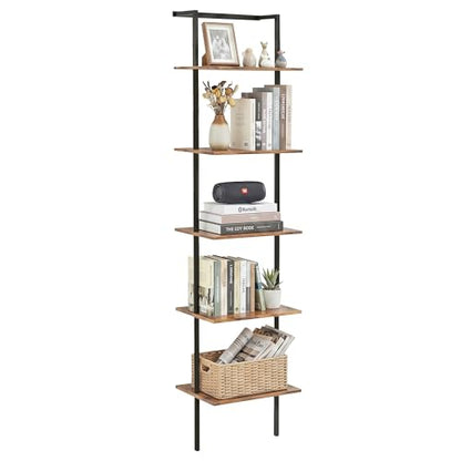 5-Tier Wall Mounted Ladder Shelf, Rustic Brown, 64.7" H - color: Rustic Brown, size: 5 Tier