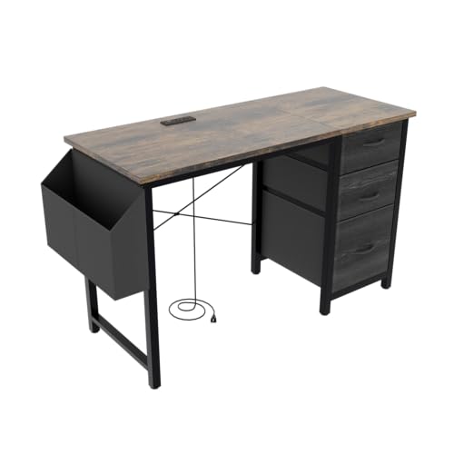 Office Desk with Power Outlet,3drawers and Side Pocket, Easy to Assemble,Frame Stability Reversible for Home Office Study,Rustic Brown