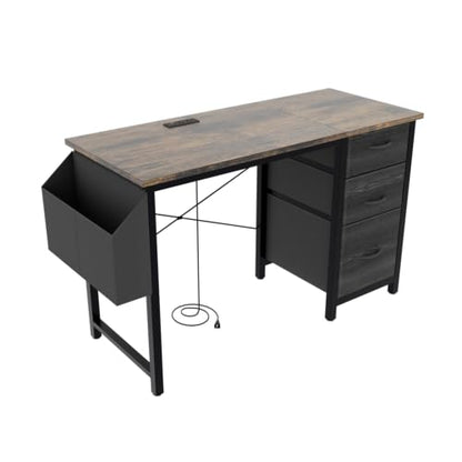 Office Desk with Power Outlet,3drawers and Side Pocket, Easy to Assemble,Frame Stability Reversible for Home Office Study,Rustic Brown