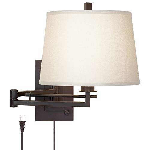 Easley 15" Bronze Plug-In Swing Arm Modern Wall Lamp Light Fixture | Adjustable Cord Matte Brown Dimmable Fabric Drum Shade for Bedroom Bedside Living Room Reading Kitchen