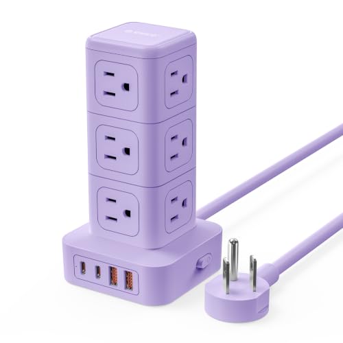 ORICO Power Strip Tower with Multiple Outlets, Tower Extension Cord | with 12 AC Outlets 4 USB Ports (2 USB C), Space Saving Design, 5FT Cord Power Tower for Home, Office, Dorm - TPP20 - color: Purple, size: 5FT