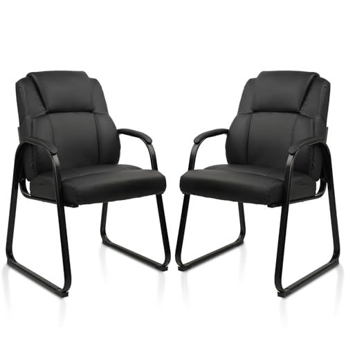 CLATINA Leather Guest Chair with Padded Arm Rest for Reception Meeting Conference and Waiting Room Side Office Home Black with Sled Base 2 Pack - color: Black-seldbase, size: 2 Pack