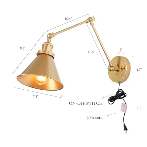 LALUZ Gold Wall Sconces Lighting 2 Pack, Modern Swing Arm Plug-in or Hardwired Adjustable Wall Lamp with Brass Finish for Bedroom, Kitchen, and Living Room - size: 12" W Gold
