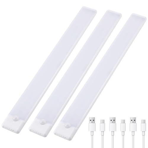 Wireless Under Cabinet Lighting 16 Inch 3 Pack, 2200mAh Magnetic Motion Sensor Light USB C Rechargeable Closet Lights, 3 Color Dimmable LED Night Light Stick on Under Counter Lights for Kitchen Stairs