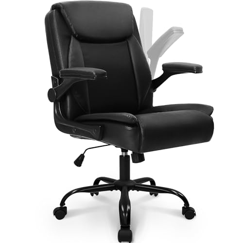NEO CHAIR PU Leather Office Desk Chair with Adjustable Arms, All Black | Ergonomic Mid Back Computer Desk Chair Comfy with Wheels Swivel Rolling for Home Office Gaming Study - color: All Black