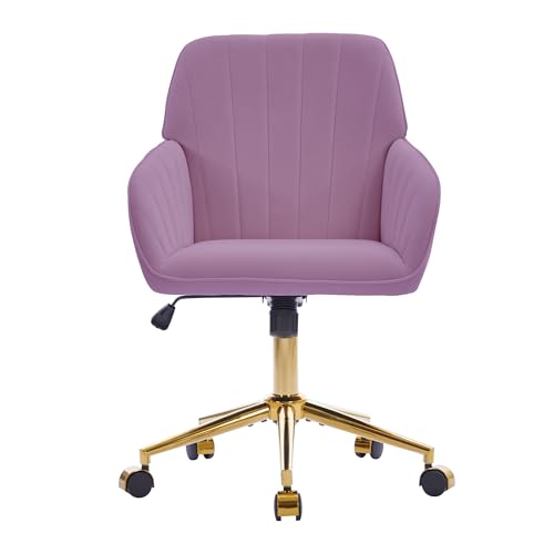 YITAI Velvet Office Desk Armchairs with Gold Base and Wheels,Modern Height Adjustable 360 Degree Swivel Upholstered Vanity Chairs for Living/Room Bedroom/Study,Light Purple - color: Gold Purple