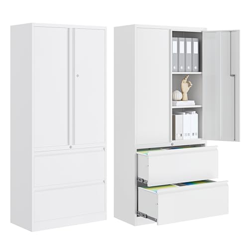 PEUKC 2-Drawer Metal File Cabinet, Lateral Vertical Filing Cabinets for Home Office, Locking File Cabinet with Storage Shelves, Legal/Letter/A4 Size (White, Assemble Required) - color: White, size: 71''H