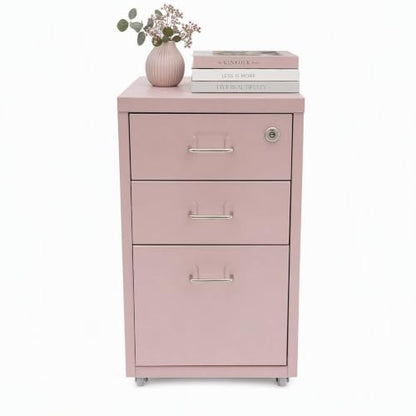 3-Drawer Metal File Cabinet, Mobile File Cabinet with Lock, Rolling Vertical Filing Drawers Under Desk for Home Office, 11 * 16 * 18.3in (Light Pink) - color: Light Pink