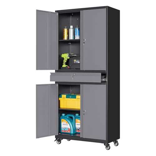Metal Garage Storage Cabinet with Locking Doors and Adjustable Shelves, -73" Steel Rolling Tool Storage Cabinet with 4 Wheels and 1 Drawer for Garage,Office,Warehouse - color: Gray Black, size: 4 Wheel - 1 Drawer - 73"H