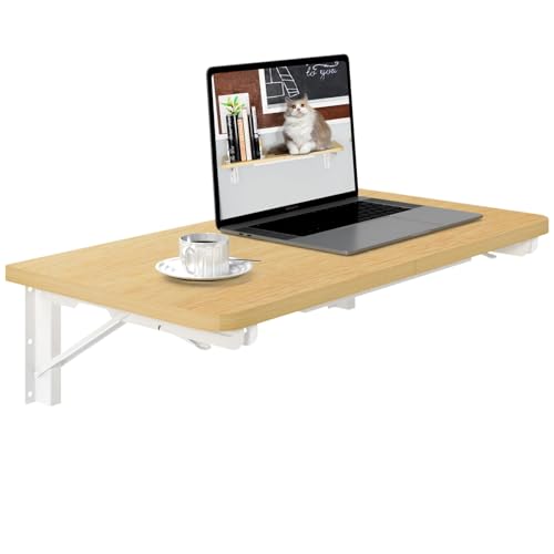 TEAMIX Wall Mounted Folding Table, Floating Desk for Small Spaces, Maple | Heavy-duty Brackets, Space-saving Murphy Table, Use as Home Office Desk, Dining Table, Laundry Shelf, or Balcony Table - color: Maple, size: 23.6"W x 11.8"D