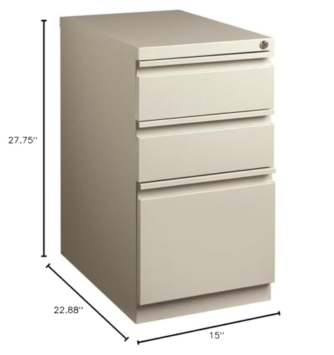 Pemberly Row 23"D Gray Mobile Pedestal Filing Cabinet, 3-Drawer Box/Box/File, Steel Construction, Full Extension Drawers, Ball-Bearing Suspension, Lockable Office Storage for Letter-Size Hanging Files - color: Light Gray