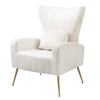Velvet Accent Chair for Living Room Bedroom, Modern Arm Chair with Wingback & Gold Metal Legs, Lumbar Pillow Included, White - color: White, size: 1PC with Channel Tufted