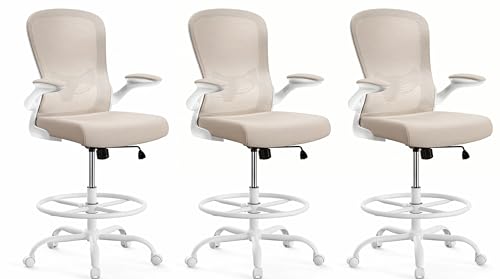 ErGear Drafting Chair,Tall Office Chair with Flip-Up Armrests, High Desk Chair Adjustable Height and Adjustable Footrest Ring, Ergonomic Standing Desk Chair with Lumbar Support, Khaki,3 Pack - color: Khaki