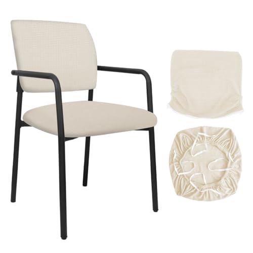 Stretch Office Guest Chair Cover 2-Piece Split Protective Armchair Slipcover Jacquard Chair Cover with Arms for Office Reception School Church Guest, Set of 1, Large, Beige - color: Beige, size: Set of 1, Large