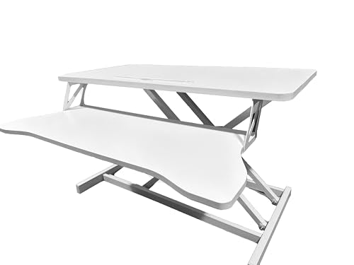 32 Inch Adjustable Standing Desk Standing Desk Converter, Stand Up Desk Riser Dual Monitor Sit Stand Desk with Wide Keyboard Tray for Table Home Office (White)