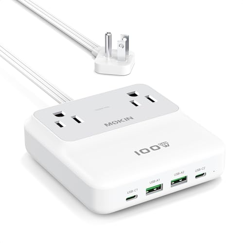 100W Max Travel Power Strip, 5ft Extension Cord USBC Charging Station | 2 AC, 2 USB C, 2 USB A Fast Charging Desktop Charger with Multiple Outlets Flat Plug for Home & Office - color: White