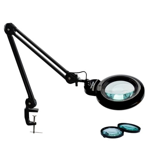 Magnifying Lamp with Clamp, 6-Inch Replaceable Lenses, Black | Includes detachable 3D & 5D glass lenses with 120 LEDs, 3 color temperatures, and 1200LM illumination